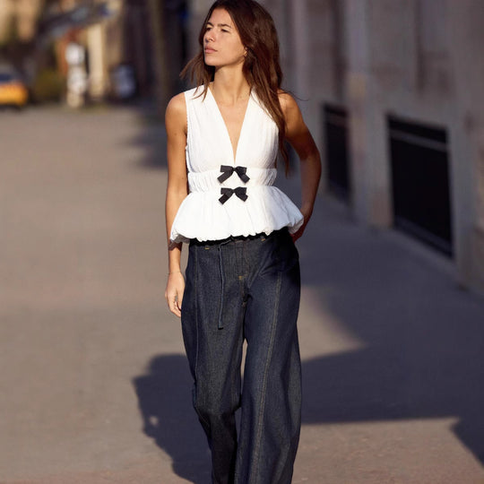 Damen Weite High‑Waist-Jeanshose im Palazzo-Schnitt mit Mittelnaht und D-Ring-Gürtel Nord Taschen