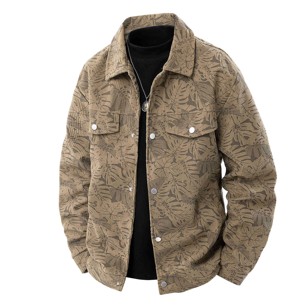 Herren Kordjacke im Truckerstil mit tonalem Blattmuster, Druckknopf‑Front und Pattentaschen Nord Taschen