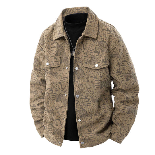 Herren Kordjacke im Truckerstil mit tonalem Blattmuster, Druckknopf‑Front und Pattentaschen Nord Taschen