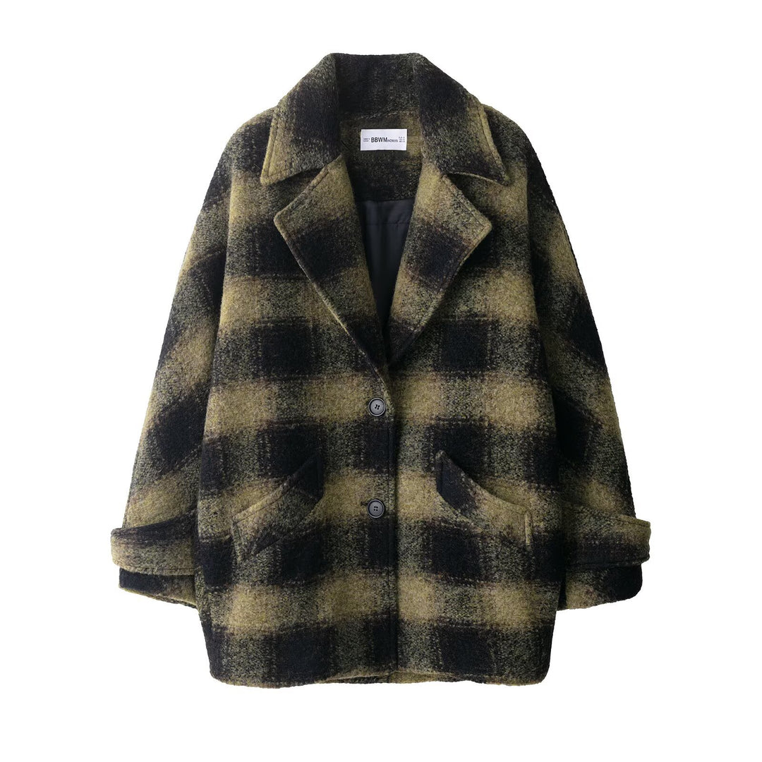 Damen Oversize Wollmix-Mantel mit Karomuster, Reverskragen und aufgesetzten Taschen Nord Taschen