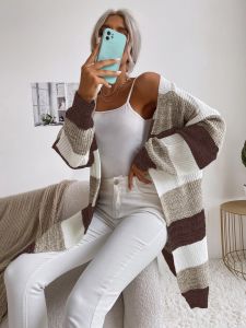 Damen Lässiger Strickmantel mit Streifen Nord Taschen