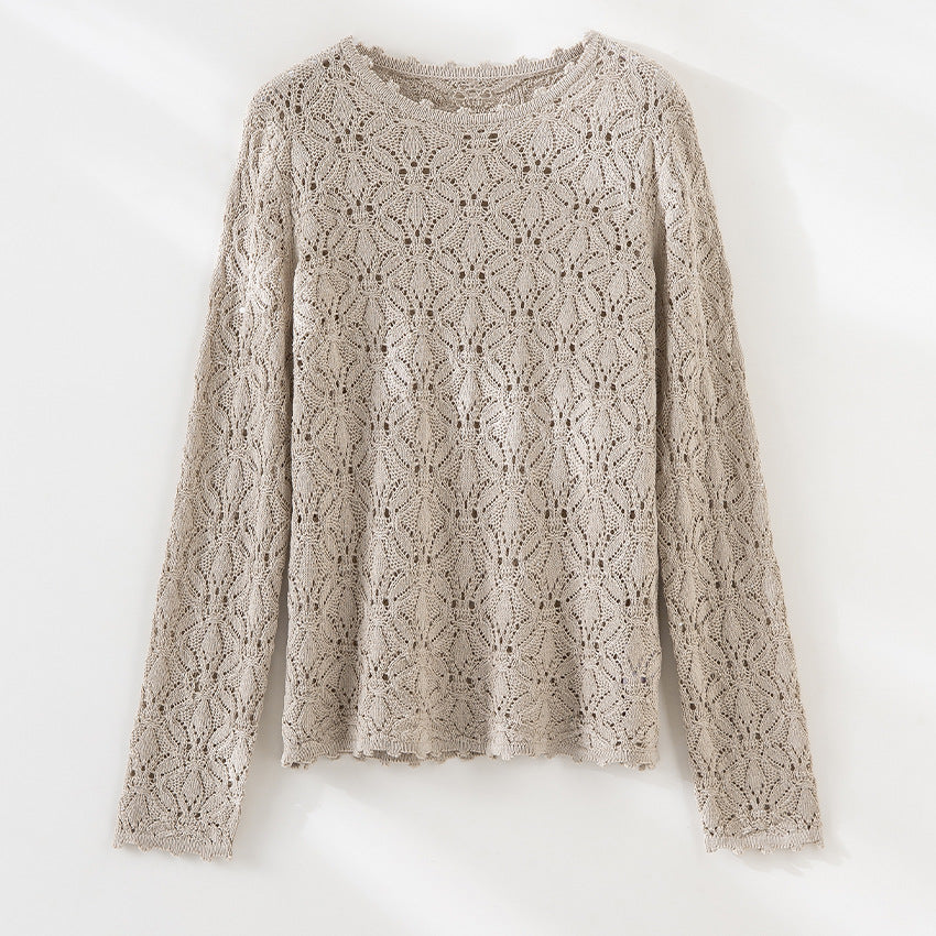 Damen Feines Häkel-Longsleeve mit floraler Lochmuster-Struktur und legerer Silhouette Nord Taschen