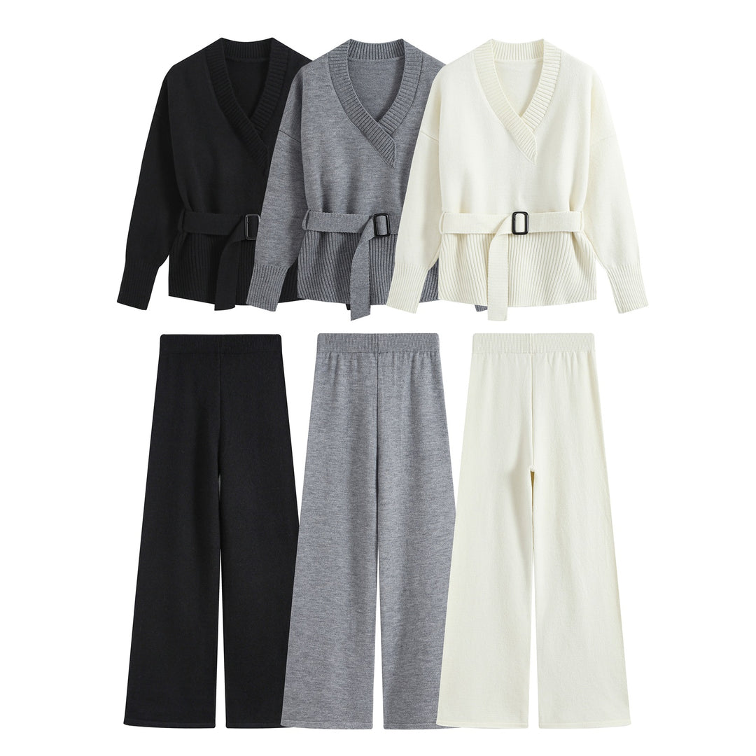 Damen Feiner Strickzweiteiler mit V‑Ausschnitt, Taillengürtel und weiter Bündchenhose Nord Taschen