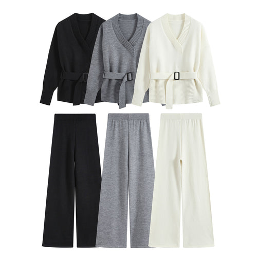 Damen Feiner Strickzweiteiler mit V‑Ausschnitt, Taillengürtel und weiter Bündchenhose Nord Taschen