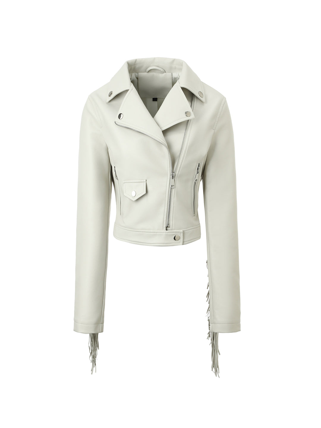 Damen kurze Motorradjacke aus Lederoptik mit Fransenärmeln und asymmetrischem Reißverschluss Nord Taschen