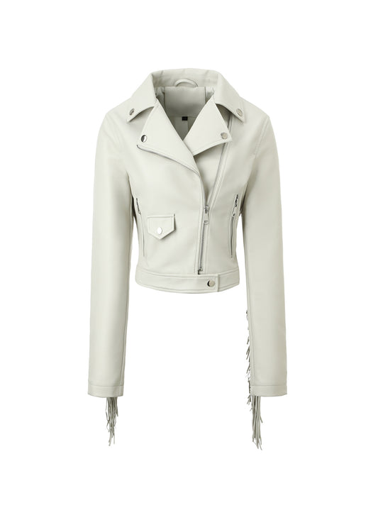 Damen Kurze Biker‑Lederjacke mit Fransenärmeln und asymmetrischem Reißverschluss Nord Taschen