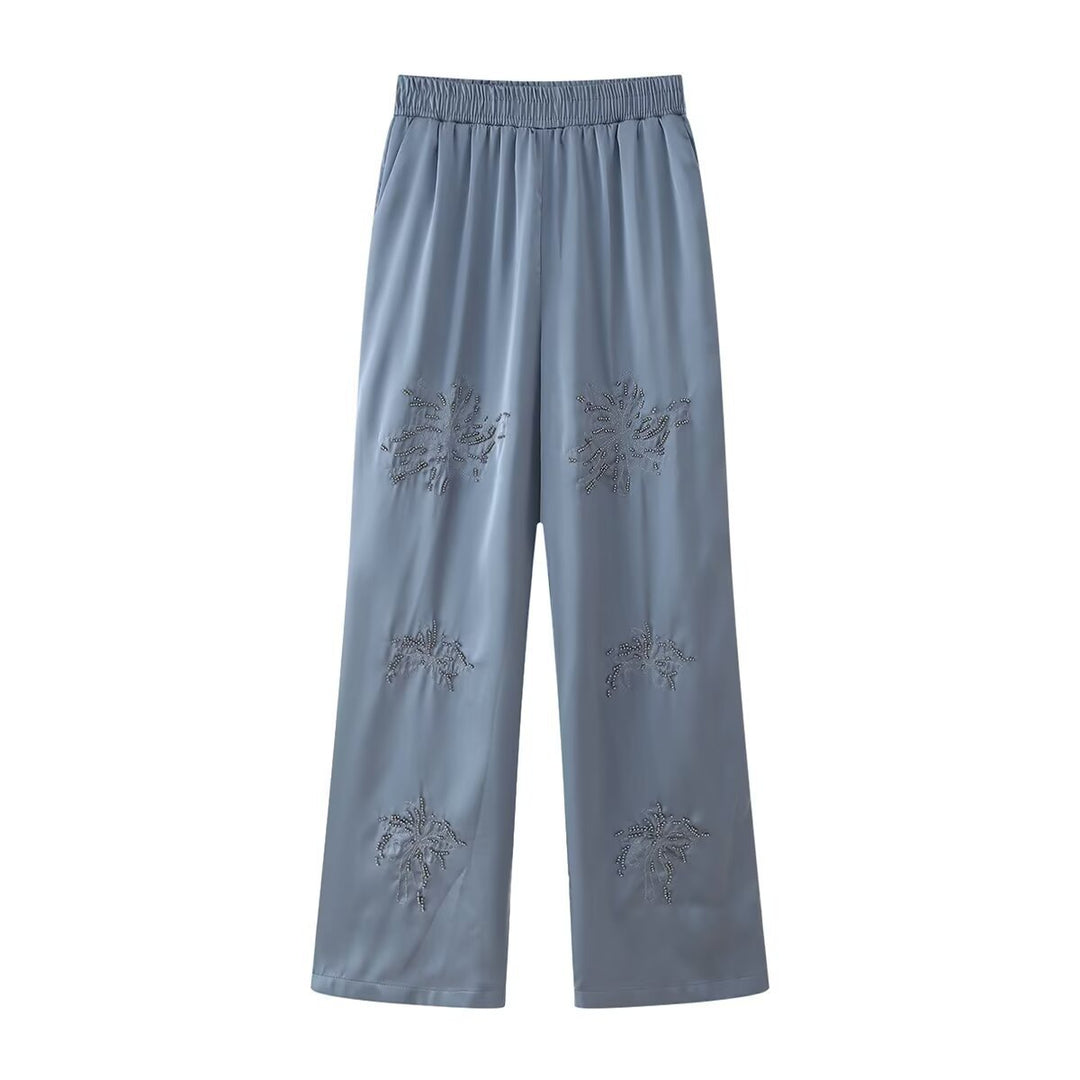 Damen Elegante Satinhose im Palazzo‑Schnitt mit elastischem Umschlagbund und floraler Zierstickerei Nord Taschen
