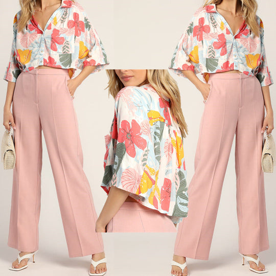 Damen Elegante Bluse mit weit geschnittenem Design und hoher Taille Hose Nord Taschen