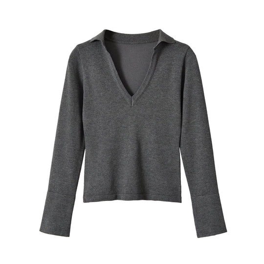Damen Feinstrick-Longsleeve mit tiefem V-Ausschnitt und Hemdkragen Nord Taschen