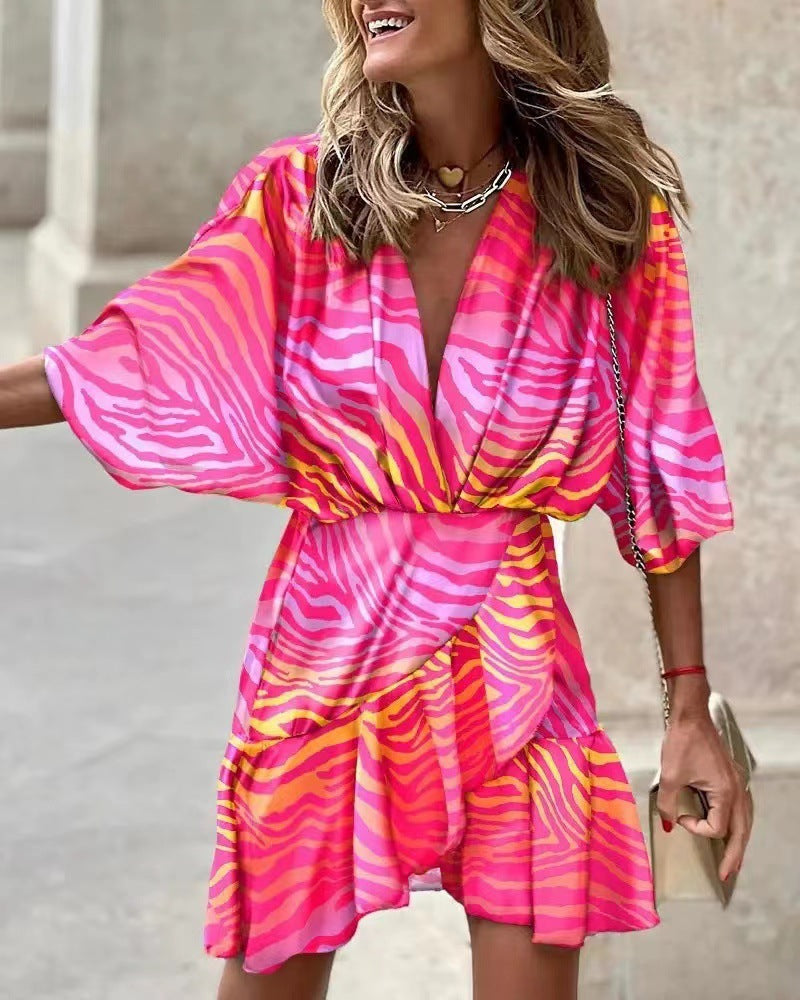 Damen Wickelmini-Kleid mit voluminösen Ärmeln und modischem Animal-Print