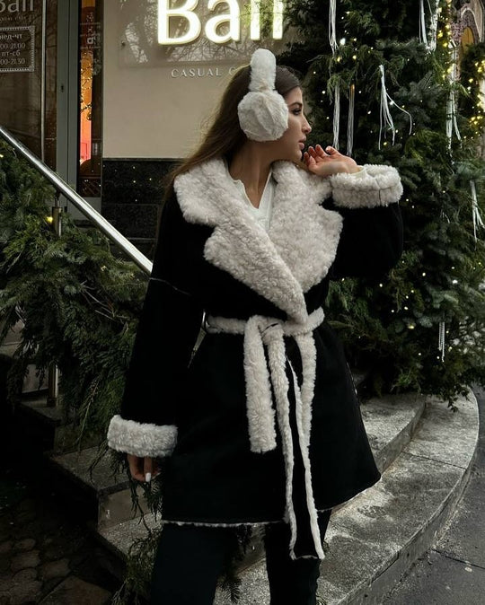 Damen Kurzer Oversized Wintermantel mit Teddy-Futter und Taillengürtel Nord Taschen