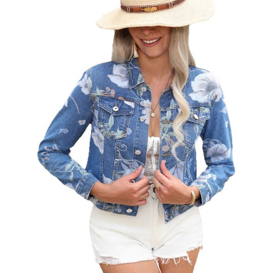 Damen Blumenprint Jeansjacke kurz geschnitten mit taillierter Passform und Pattentaschen Nord Taschen