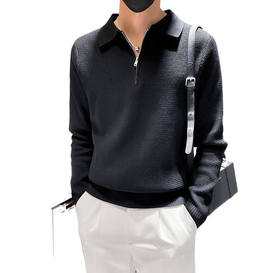 Herren Strukturierter Halbzip-Strickpolopullover mit Reißverschlusskragen Nord Taschen