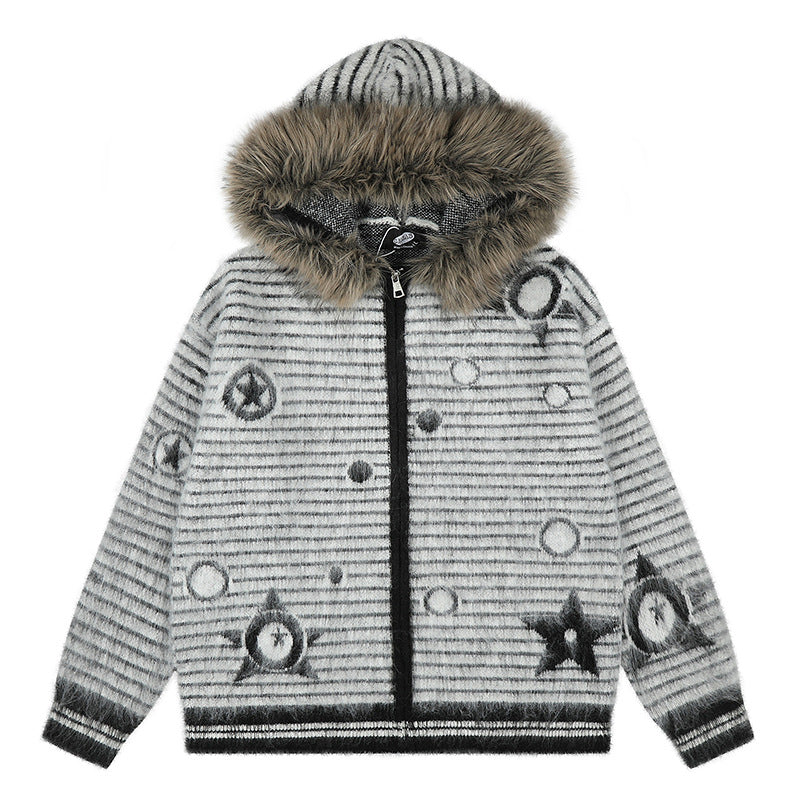 Damen Kapuzen-Strickjacke mit Fellbesatz, gestreifter Mohair‑Optik und Sternapplikationen Nord Taschen