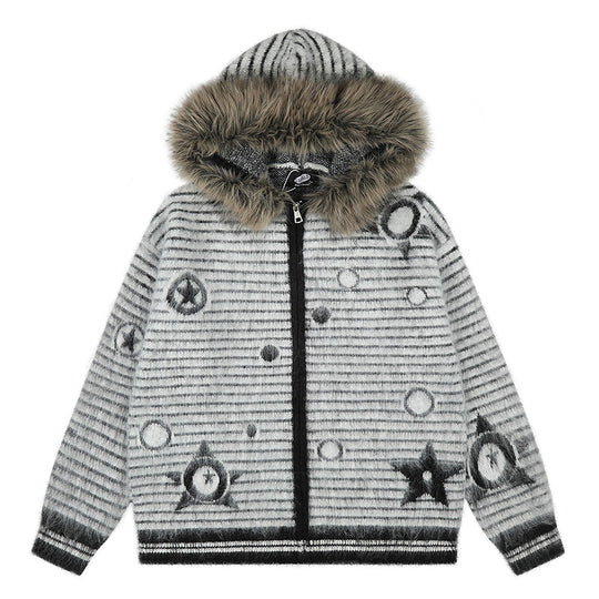 Damen Kapuzen-Strickjacke mit Fellbesatz, gestreifter Mohair‑Optik und Sternapplikationen Nord Taschen