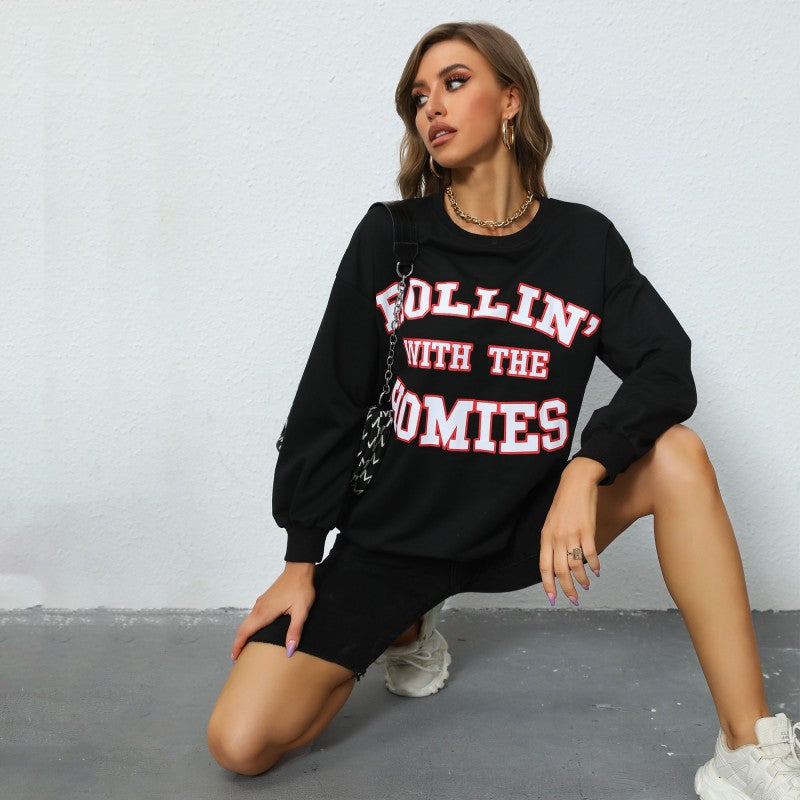 Damen Oversize College-Sweatshirt mit großem Frontprint, Rundhals & geripptem Saum Nord Taschen
