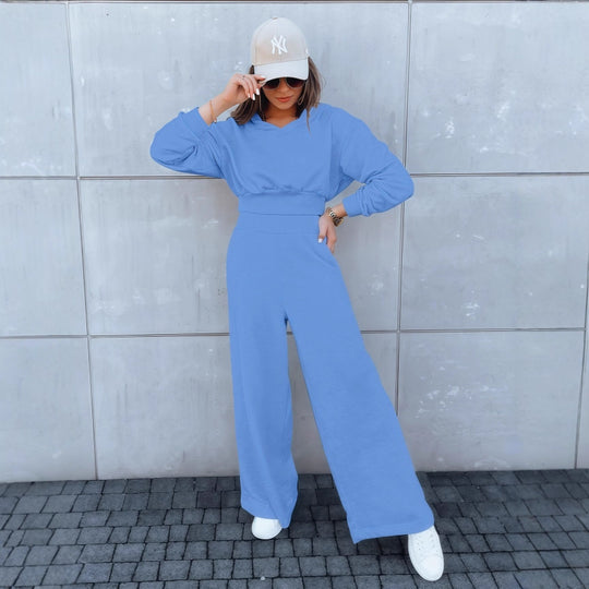 Damen Loungewear-Set mit Cropped V‑Ausschnitt-Pullover und hochtaillierter Palazzohose Nord Taschen