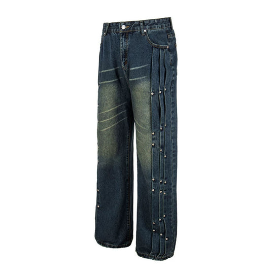Damen Weite Denim-Jeans mit Druckknopf-Seitenleisten, hoher Taille und Used-Waschung Nord Taschen