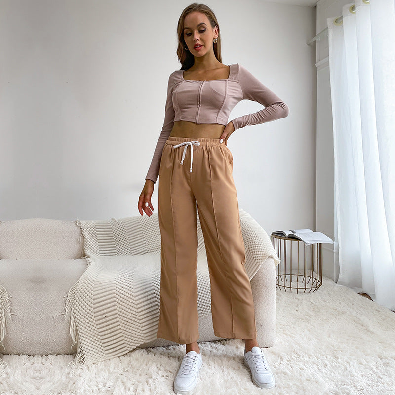 Damen Weite High‑Waist-Hose mit Gummibund, Kordelzug und Bügelfalte Nord Taschen