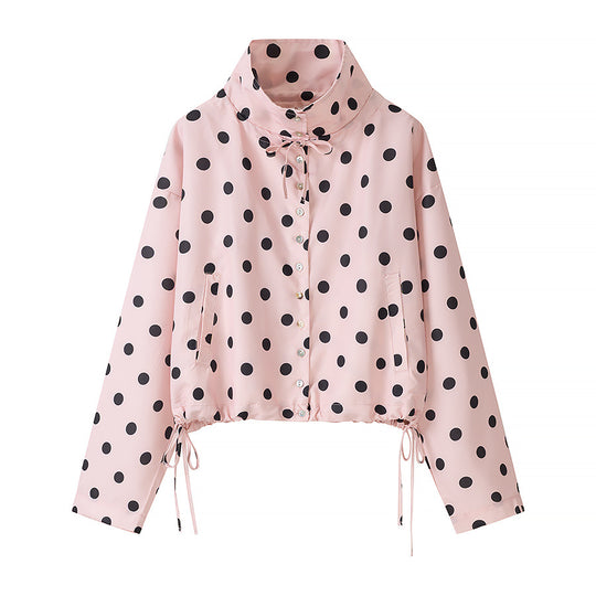 Damen Kurzjacke im Regenparka-Stil mit Stehkragen, Tunnelzug und Punkteprint Nord Taschen