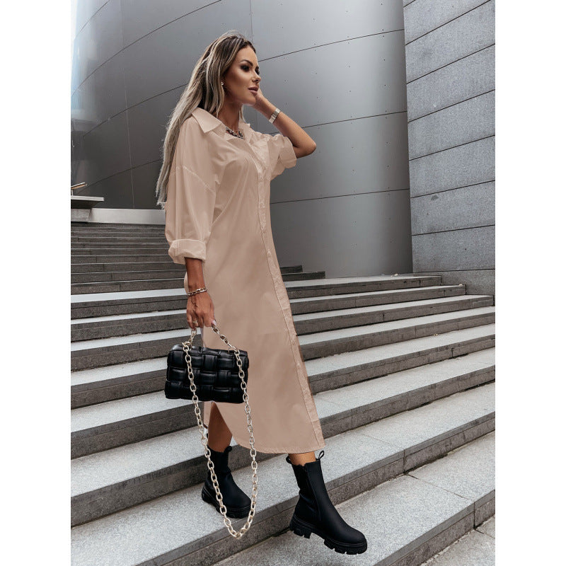 Damen Langes Oversize-Hemdblusenkleid mit durchgehender Knopfleiste, umgeschlagenen Ärmeln und tiefem Seitenschlitz Nord Taschen