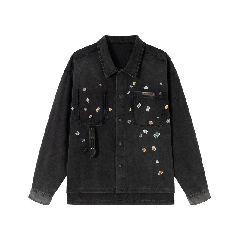 Herren Overshirt aus Denim mit aufgesetzten Pin-Patches und Used-Details Nord Taschen