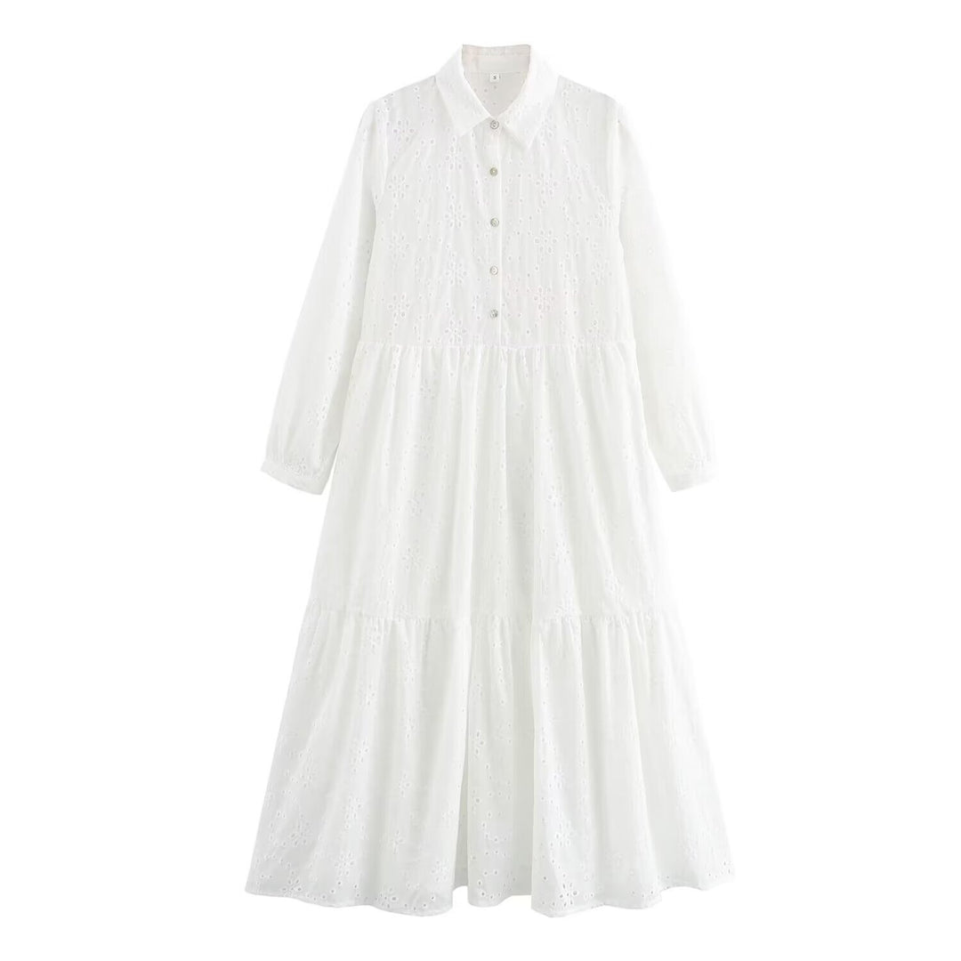 Damen Broderie-Anglaise Hemdblusenkleid mit Stufenrock Nord Taschen