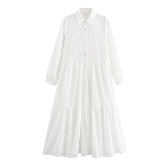 Damen Broderie-Anglaise Hemdblusenkleid mit Stufenrock Nord Taschen