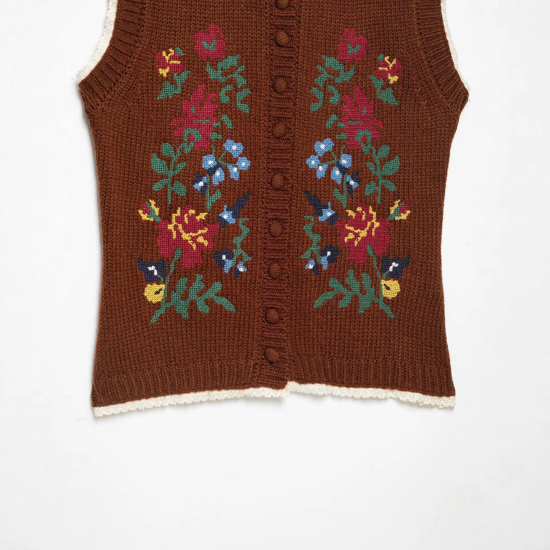 Damen Ärmellose Strickweste mit Blumenintarsien, Knopfleiste und gehäkeltem Saum Nord Taschen