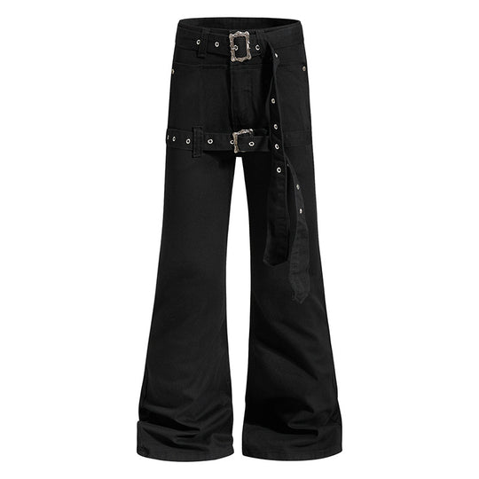 Damen High‑Waist Schlag-Cargohose mit weitem Bein, Doppelgürtel und Metallösen Nord Taschen