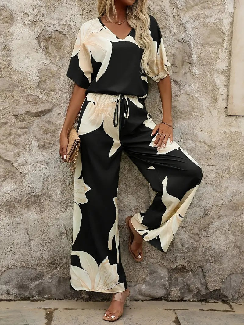 Damen luftiger Hosenanzug mit floralem Print und elastischem Bund