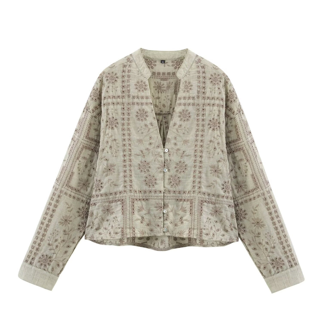 Damen Bestickte V‑Neck Boxy‑Bluse‑Jacke mit Patchwork‑Stickerei Nord Taschen