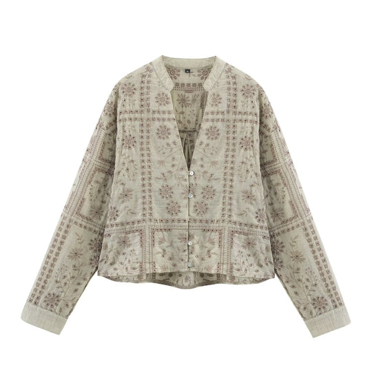 Damen Bestickte V‑Neck Boxy‑Bluse‑Jacke mit Patchwork‑Stickerei Nord Taschen