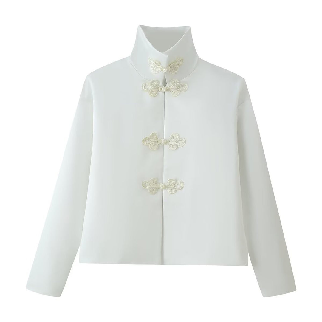 Damen Cropped-Jacke im Mandarin-Stil mit dekorativen Froschverschlüssen und kastigem Schnitt Nord Taschen