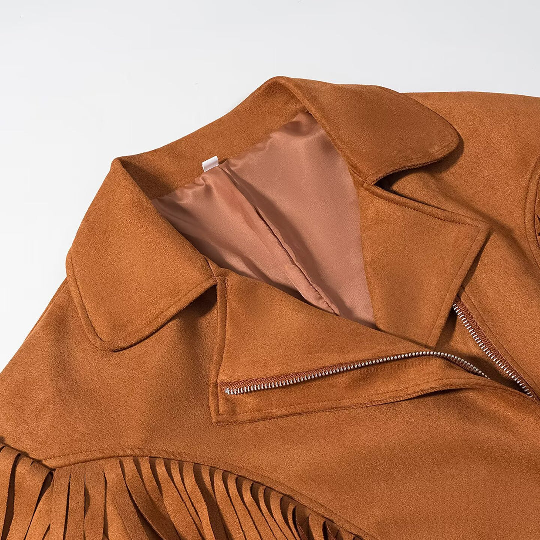 Damen Wildlederoptik Fransenjacke mit Oversized‑Schnitt, Taillengürtel und Statement‑Ärmeln Nord Taschen