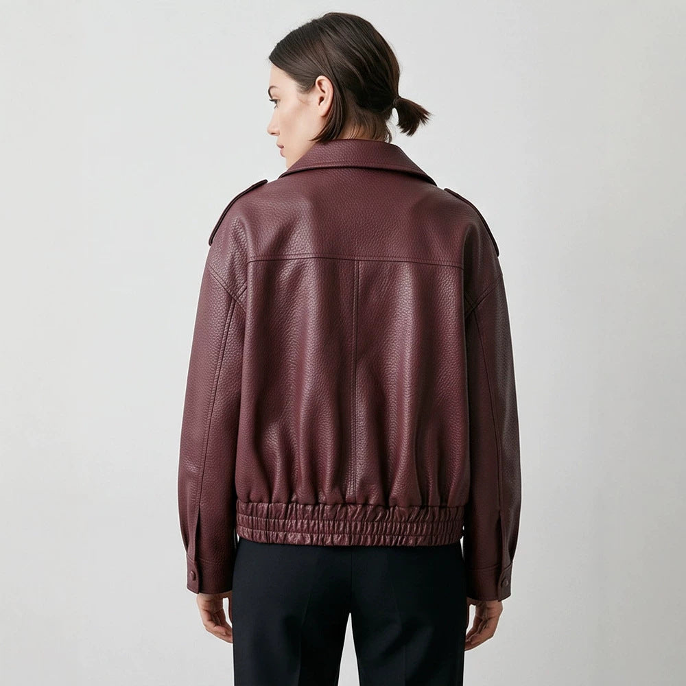 Damen Boxy-Lederimitat-Blouson mit strukturierter Narbung, doppelreihiger Knopfleiste & elastischem Saum Nord Taschen