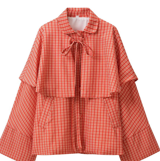 Damen Karierte Kurzjacke mit Cape‑Overlay, Schleifenbindung und extraweiten Ärmeln Nord Taschen