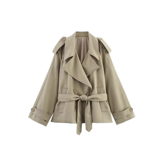 Damen Kurzer Trenchcoat mit Bindegürtel und Cape-Ärmeln Nord Taschen
