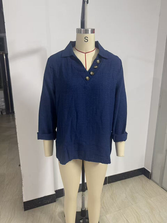 Damen Lässiges V-Ausschnitt-Blusenshirt mit Hemdkragen und asymmetrischer Zierknopfleiste Nord Taschen
