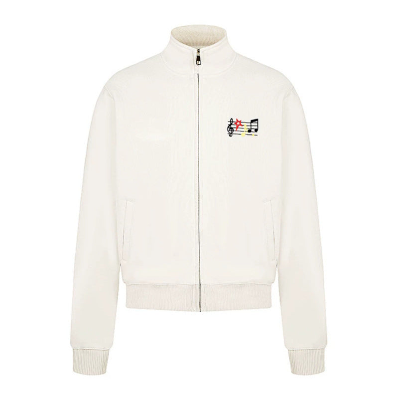 Damen Kurz geschnittene Stehkragen‑Sweatjacke mit Noten- und Stern-Stickerei Nord Taschen