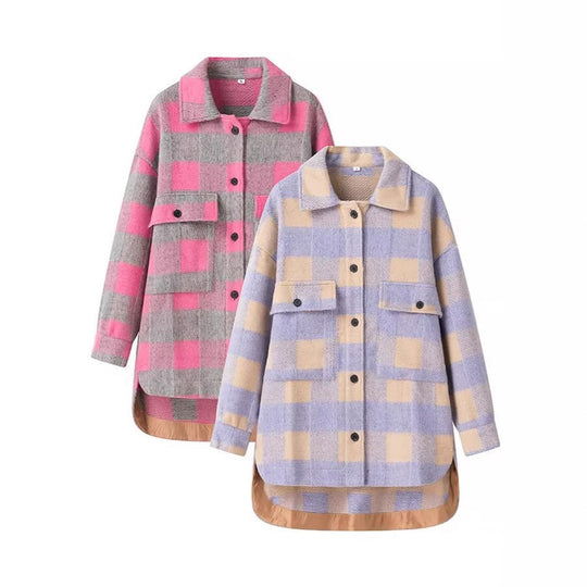 Damen Oversized Hemdjacke im Karo mit großen Pattentaschen und gerundetem Saum Nord Taschen