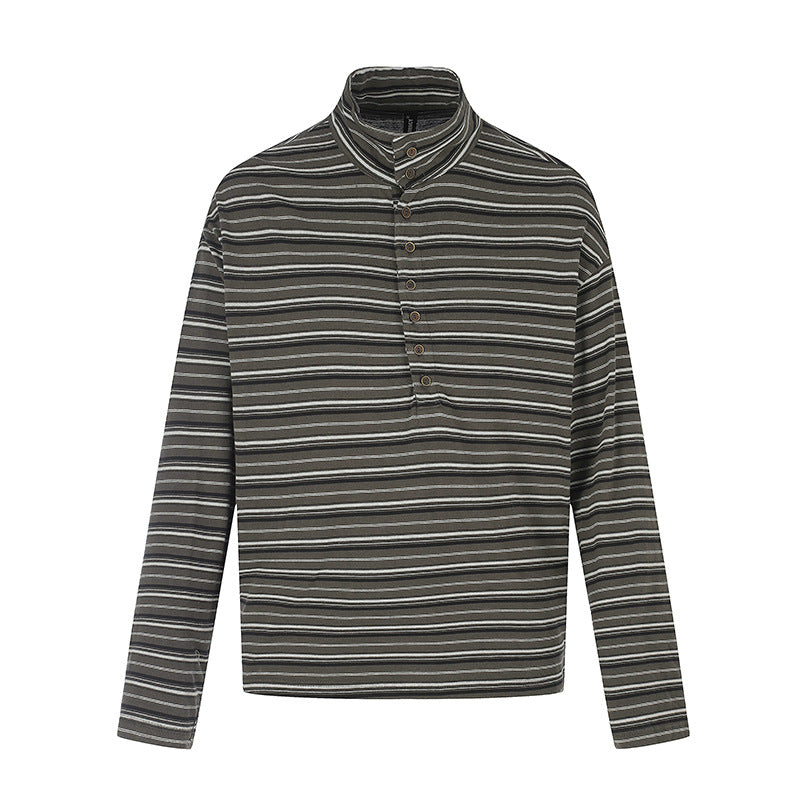 Herren Lässiges Henley-Langarmshirt mit Stehkragen und feinem Streifenmuster Nord Taschen