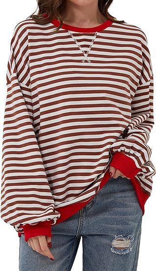 Damen Gestreifter Oversize Pullover mit Kontrastbündchen Nord Taschen