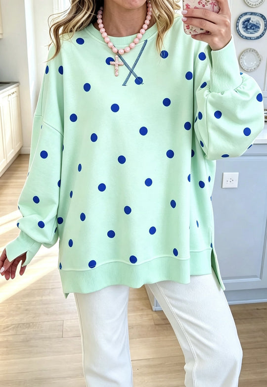 Damen Oversize-Sweatshirt mit Puffärmeln, Polka-Dots und Seitenschlitzen Nord Taschen