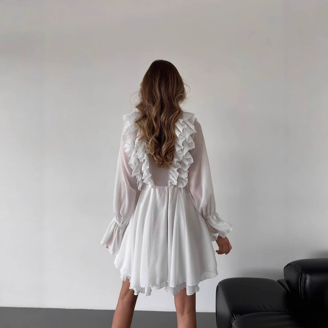 Damen Chiffon-Minikleid mit Volants, tiefem V-Ausschnitt und Ballonärmeln Nord Taschen