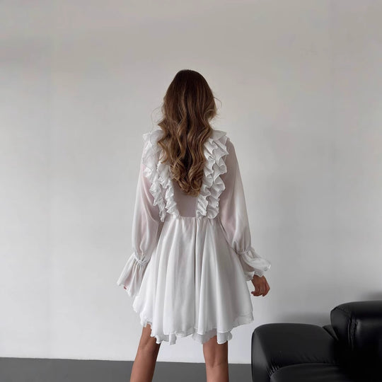 Damen Chiffon-Minikleid mit Volants, tiefem V-Ausschnitt und Ballonärmeln Nord Taschen