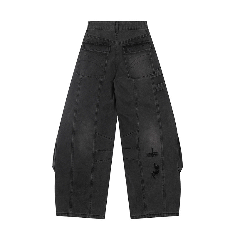 Damen weite Jeans-Cargo-Culotte mit taktischen Taschen, Gurtapplikationen und Used-Details Nord Taschen