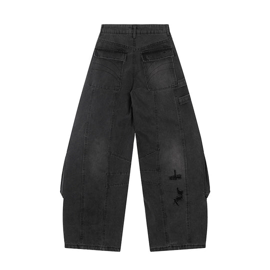 Damen weite Jeans-Cargo-Culotte mit taktischen Taschen, Gurtapplikationen und Used-Details Nord Taschen