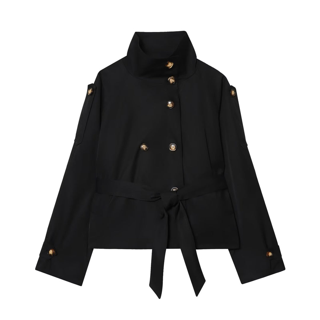 Damen 10+ Cropped Doppelreihige Kurzjacke mit Stehkragen und Taillengürtel Nord Taschen