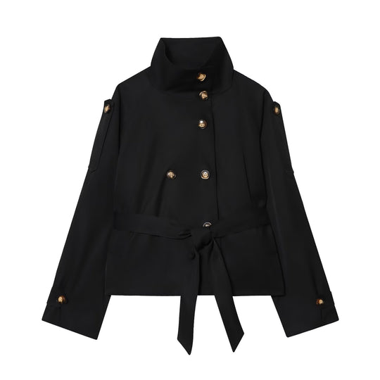Damen 10+ Cropped Doppelreihige Kurzjacke mit Stehkragen und Taillengürtel Nord Taschen